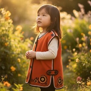 VINTAGE RUSSIAN STYLE KIDS VEST FLORAL ORANGE WOOL EMBROIDERED